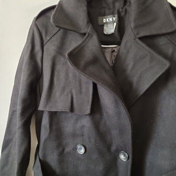 DKNY Double Breasted Trench Coat Wool Blend Size 14 Black Belted Waist NEW - Picture 6 of 15